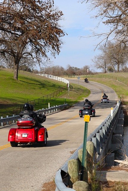 caravan, cycles, texas hill country, nature, road, country side, landscape, hill, trees, motorcycle, blue sky, cycling, fun, open air