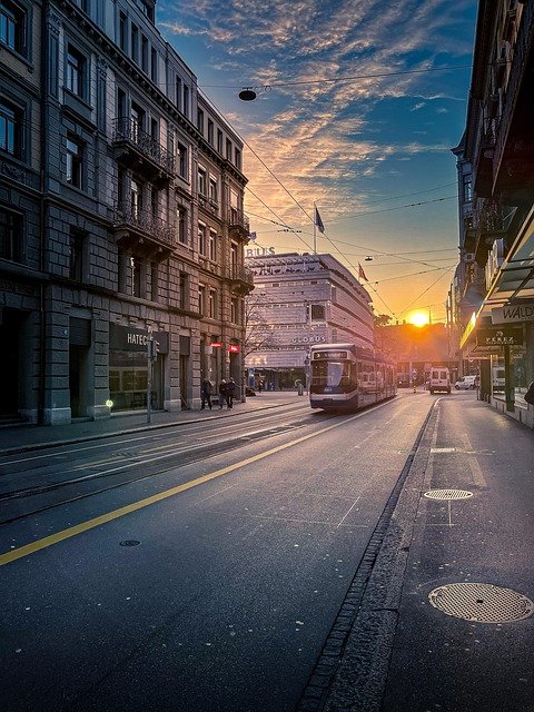 tram, switzerland, street, sunset, city, zurich, nature, landscape