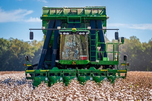 Close-up of a green tractor harvesting cotton in a vast field under blue sky.