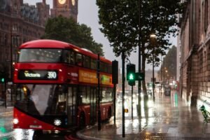 st pancras hotel in the rain, st pancras hotel, london, rain, red bus, st pancras, city, nature, architecture, england, urban, cloudy, sky, outside, station, buildings, cities, tourism, clouds, historical, landmark, april showers