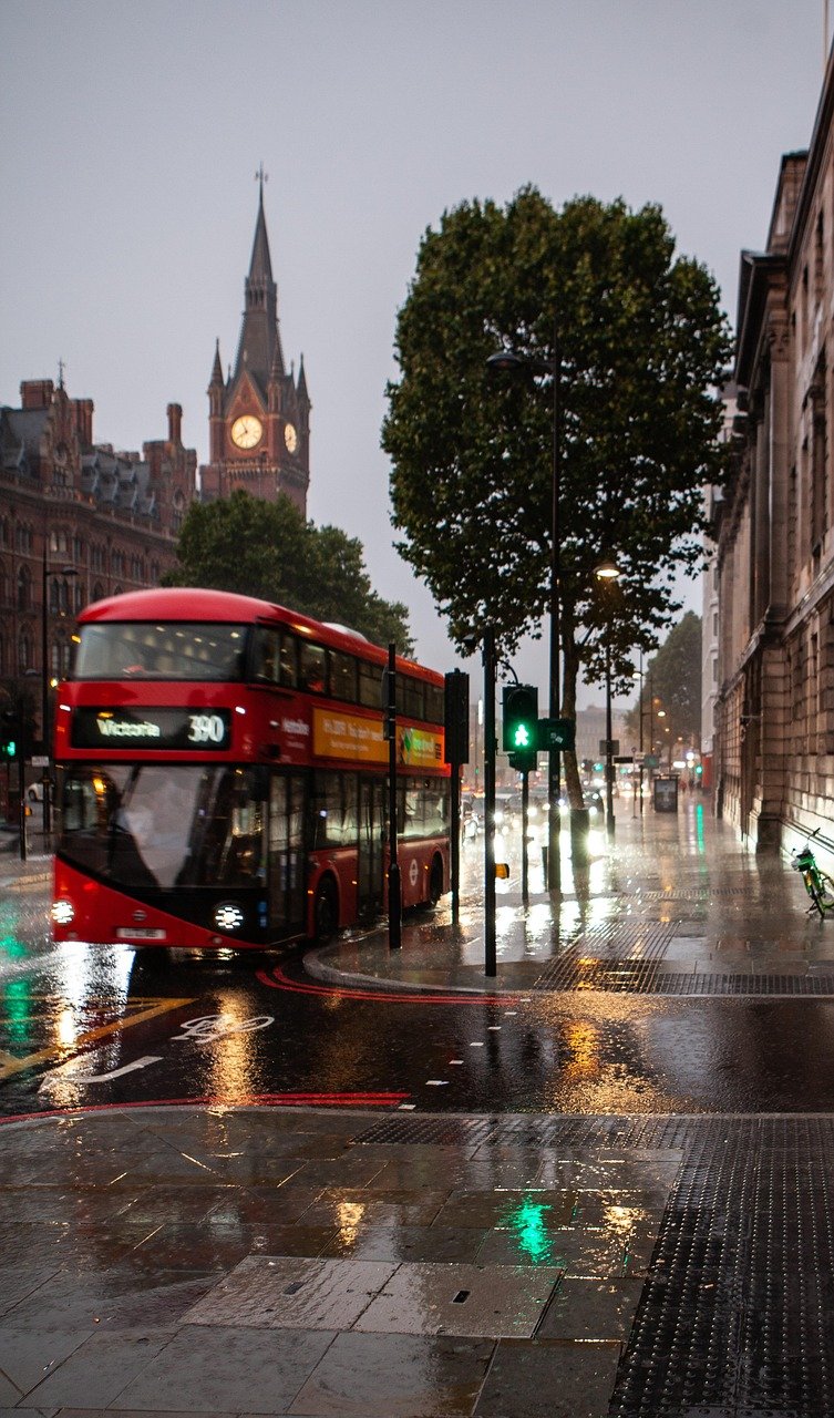 st pancras hotel in the rain, st pancras hotel, london, rain, red bus, st pancras, city, nature, architecture, england, urban, cloudy, sky, outside, station, buildings, cities, tourism, clouds, historical, landmark, april showers