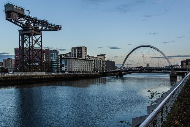 glasgow, port, architecture, nature, water, flow, reflection, building, city, dusk, calm, crane, bridge