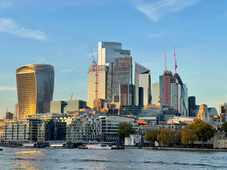Stunning view of London's modern skyline including the Walkie Talkie building alongside the River Thames.