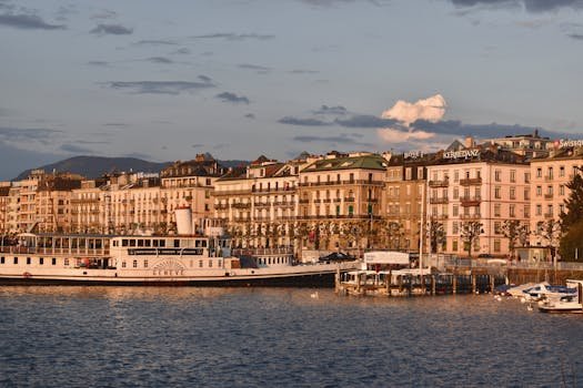 Elegant view of Geneva's waterfront with historic architecture at sunset.