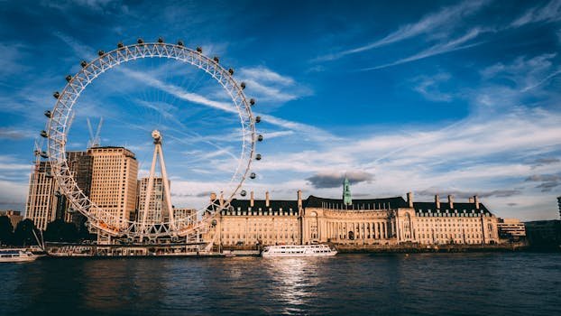 Stunning London cityscape featuring the London Eye ferris wheel by the River Thames.