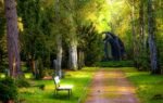 Serene pathway through a forested cemetery area with stone monuments and benches.