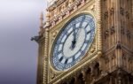 Detailed view of the iconic Big Ben clock face on a cloudy day in London, England.