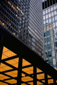 From below facades of contemporary commercial skyscrapers with glass mirrored walls in city downtown in daytime