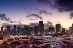miami, florida, sunset, skyline, architecture, scenery, cityscape, downtown, building, urban, sky, nature, skyscraper, city, clouds, tower, metropolis, scenic