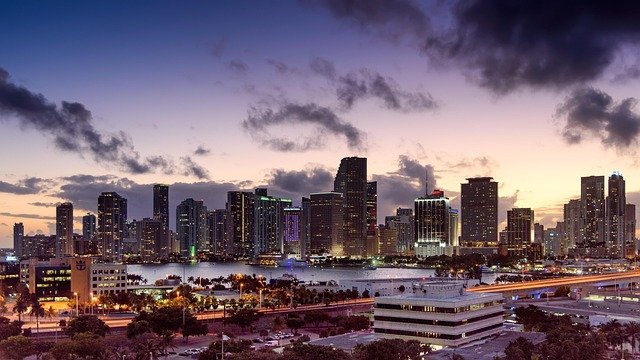 miami, florida, sunset, skyline, architecture, scenery, cityscape, downtown, building, urban, sky, nature, skyscraper, city, clouds, tower, metropolis, scenic