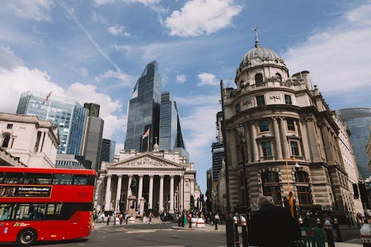 Vibrant street view of London's skyline featuring modern skyscrapers and historic architecture.