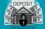 Decorative cardboard illustration of lock on bank with American paper money under Deposit inscription on blue background
