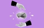 Decorative cardboard appliques representing piles of banknotes between hands of business partners on violet background